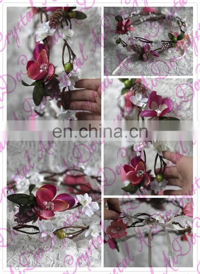 Aidocrystal pink goddess Flower Crown with lace bridal Wedding party hair accessories