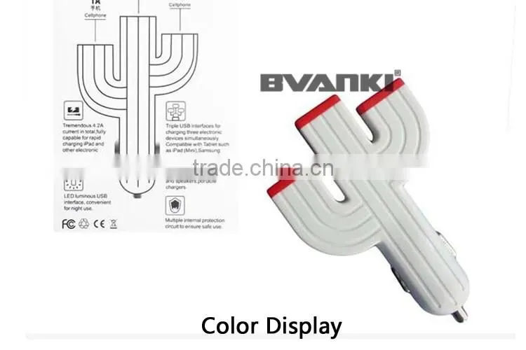 2016 new Electric Type and Mobile Phone Use fast charge cheap price 3 in 1 Car Charger Cactus Triple 3 USB Ports usb Car Charger