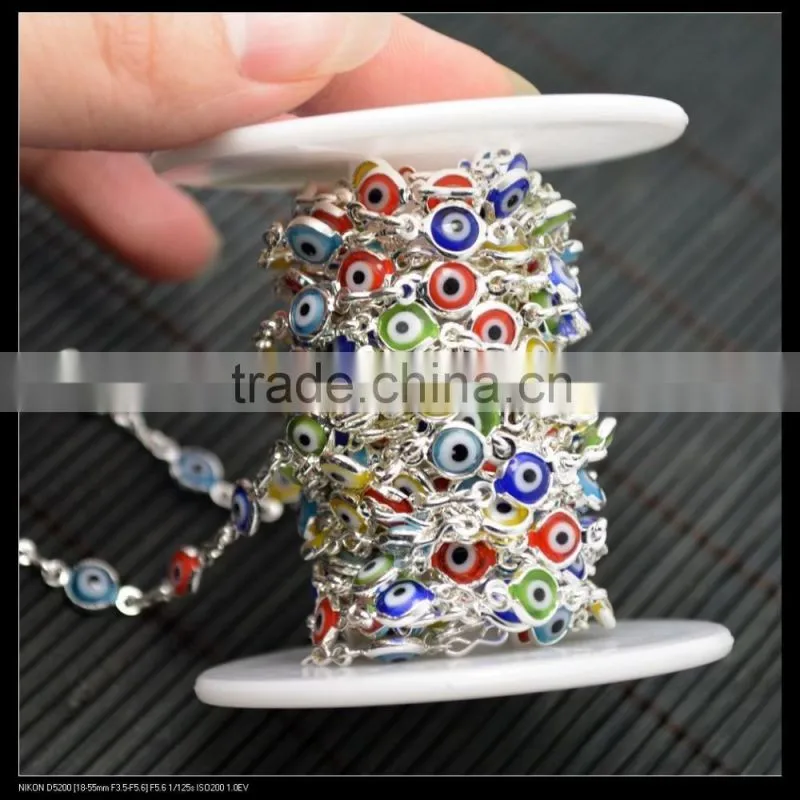 LFD-0013C ~ Wholesale Silver Plated Wire Wrapped Mixed Color Evil Eye Stone Chain Beaded Jewelry Making