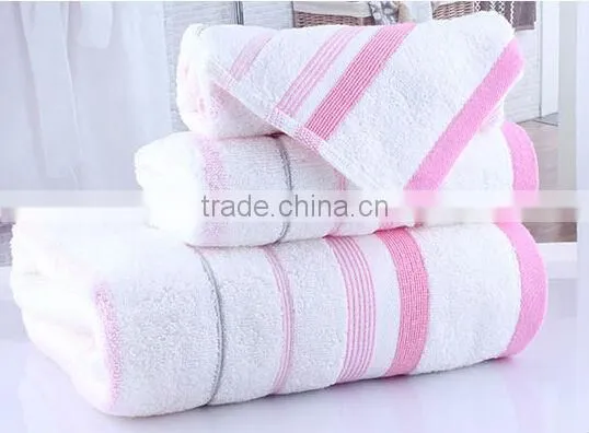 100% cotton white plain soft terry striped satin towel set