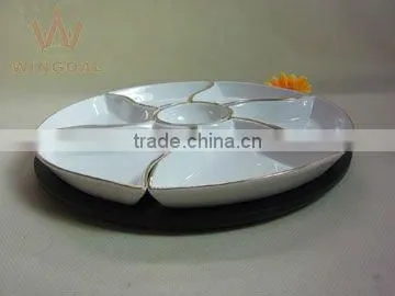 7 pieces porcelain dish with wooden tray