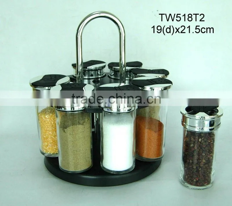 TW989B 8pcs glass spice jar set with plastic stand