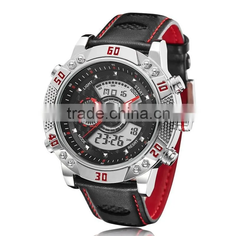WJ-5446 genuine leather strap IP plating high quality double show Ohsen waterproof men sport watch