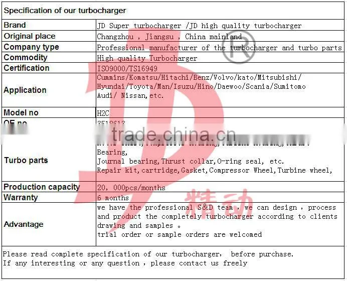 Designed VOLVO/IVECO Turbocharger H2C 3518613