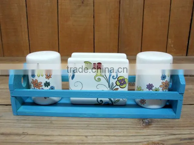 Flower Decal Napkin Holder with Salt Pepper Shakers with Pink Wooden Stand