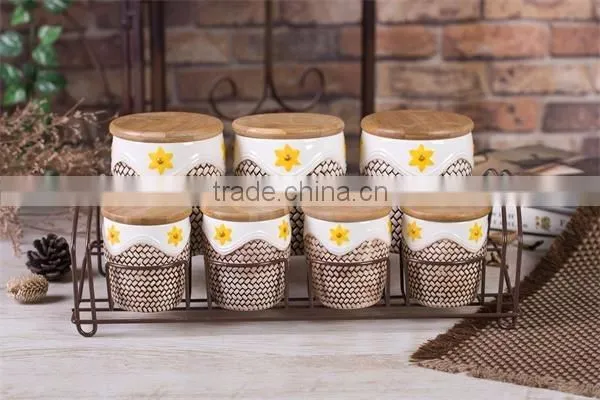 Brown Embossed 7 PCs Ceramic Food Jars Set with Bamboo Lid and Iron Stand