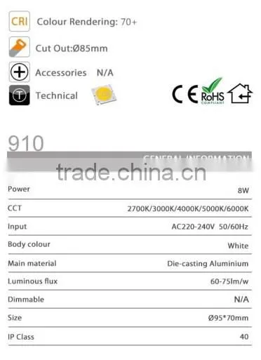 ON910 CE ROHS high quality 8W LED COB indoor recessed spot light