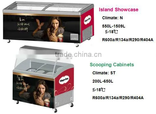 200L-650L Commercial Flat Glass Chest Showcase for Ice Cream