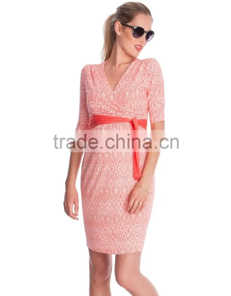 Newest Design Pink and White Maternity Dress Folk Stlye