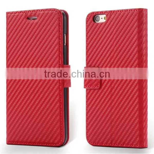 High Quality Carbon Fiber Pattern Wallet Flip Stand Leather Mobile Phone Case For iPhone 6S