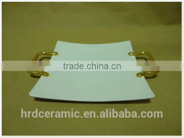 Factory supply stock cheap square white ceramic plate with Metal handle
