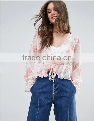 OEM Service supply type women sexy tops and blouses floral print plunge blouse