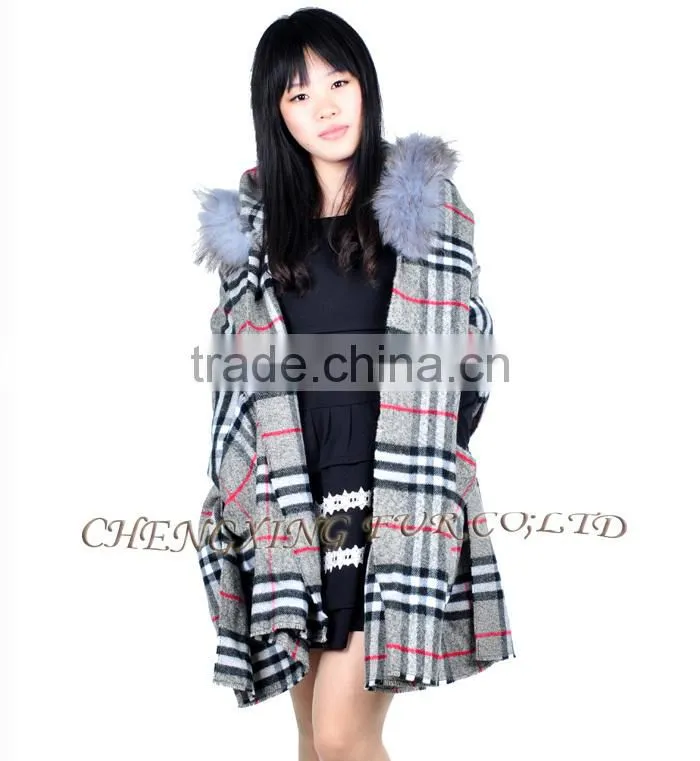CX-B-P-39 Cheap Genuine Raccoon Fur Trim Pashmina Shawls Wholesale With Hood