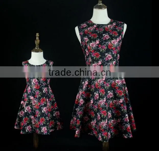 Custom Fashion Sleeveless Floral Printed Family Matching Outfit Mother And Daughter Matching Dresses