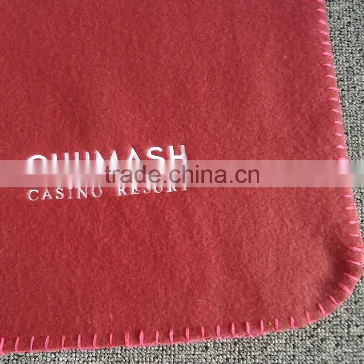 wine color embroidery logo roll up with PP handle polar fleece travel blanket