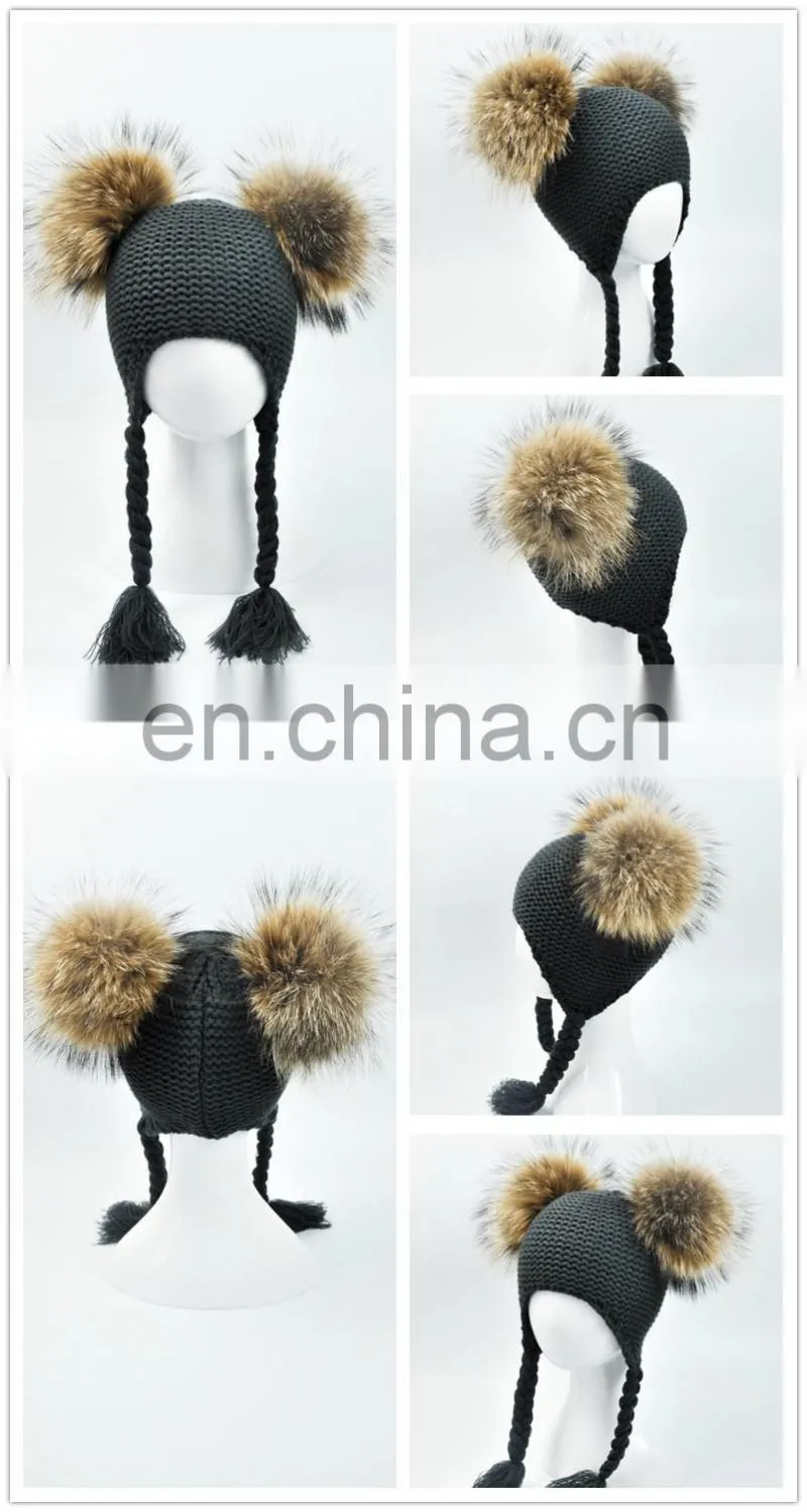High Quality Fashionable Kids Beanie Hats With Two Fur Pom Poms Baby Fur Hat