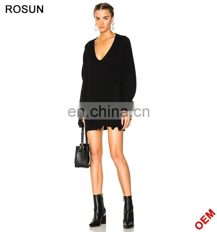 Women Plus Size Black Distressed Deep V Neck Knit Jumper