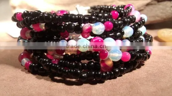 Black Glass Beads Moonstone and Pink Stripped Agate Bracelet
