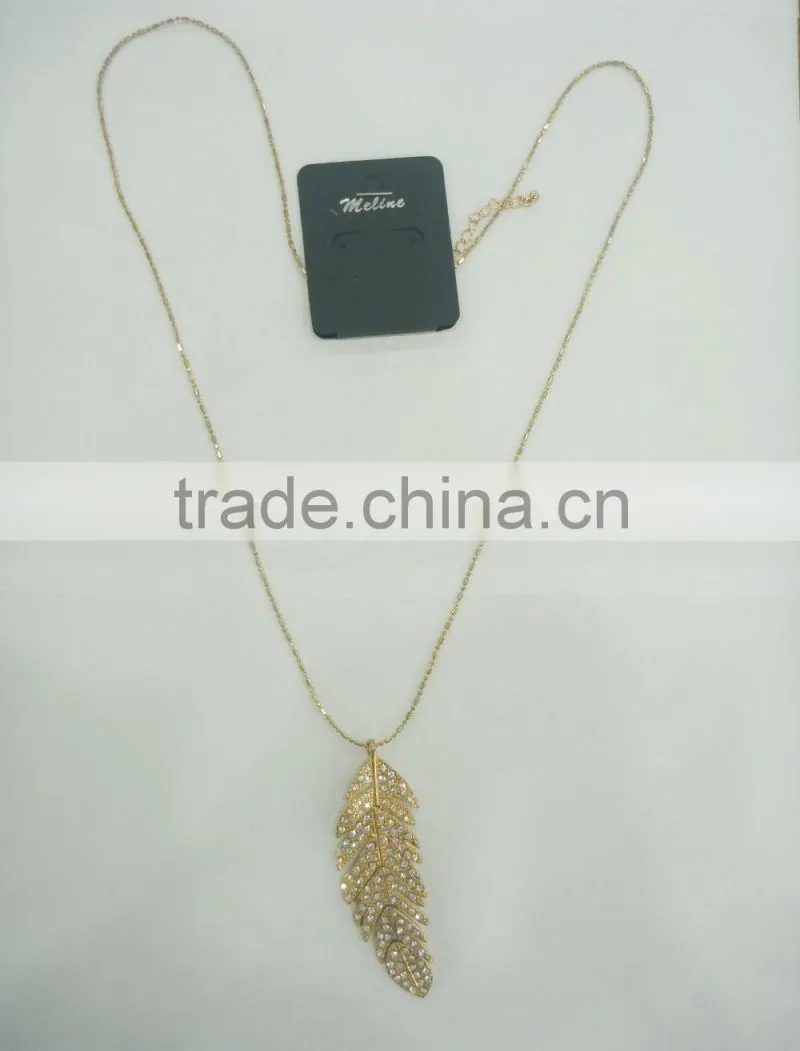FASHION LEAF PENDANT LONG NECKLACE WITH CRYSTAL STONES
