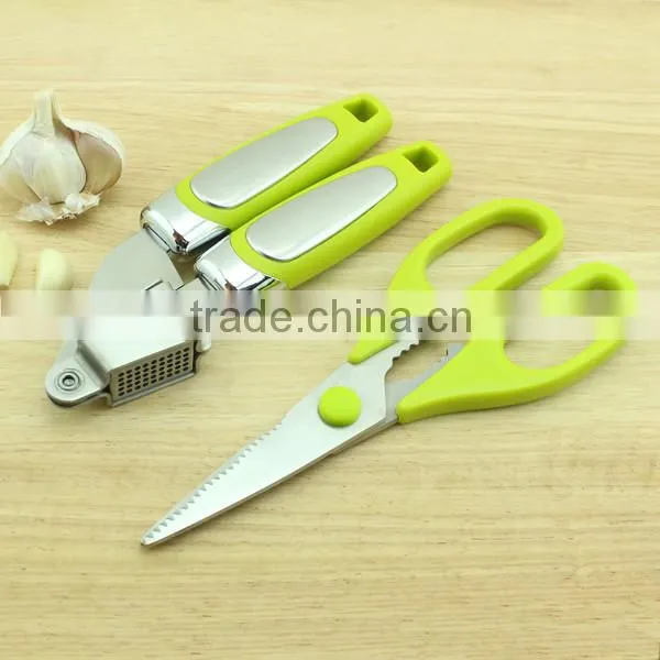 Perfect Green Color Utensil Garlic Press and Scissors Kitchen Set