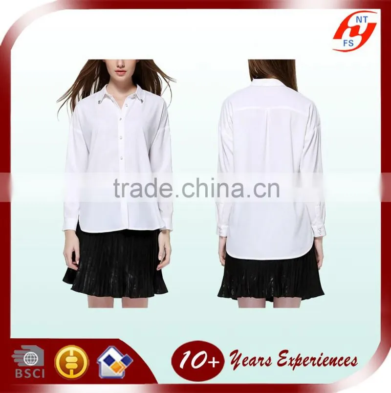 New fashion 2016 elegant ladies plain long sleeve white chiffon blouse for women