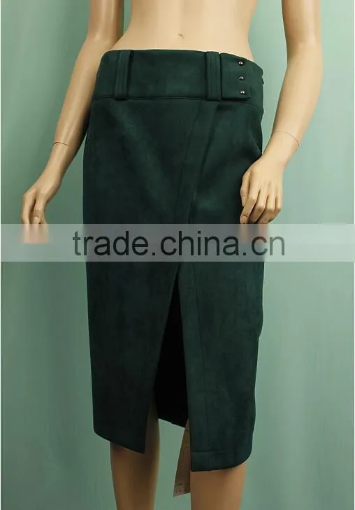 Top quality fashion ladies front open midi suede skirt YLS150420147