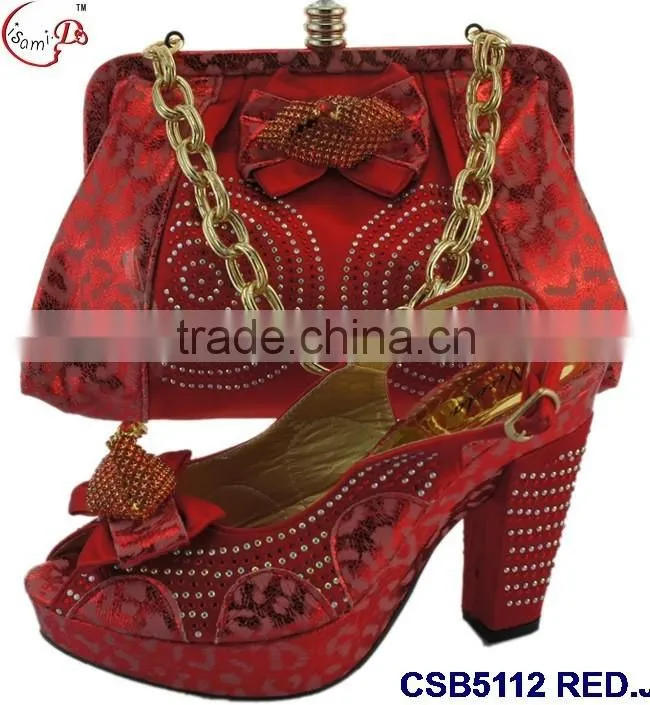 CSB5112 peach wholesaler latest style fashion african design high heel lady shoes matching bag with stone for party
