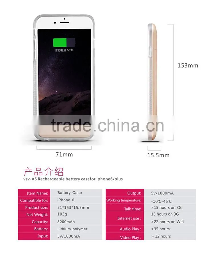 Rechargeable li-polymer battery case for iphone 6 Wireless Power Bank Charger
