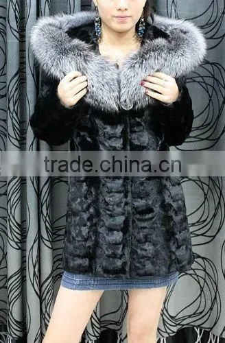 Fashion genuine mink fur coat with fox fur hood for women MC12