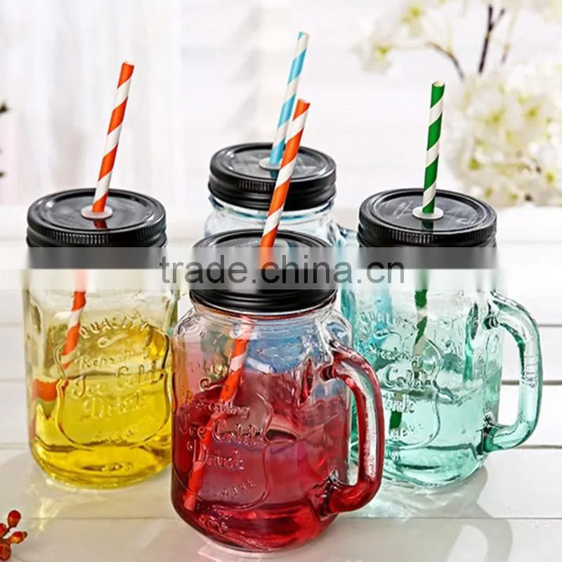 Hot selling products of glass drink pump lid 480ml colorful glass mason jar with handles wholesale