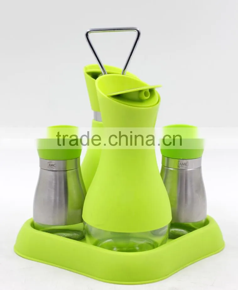 Glass oil vinegar salt pepper set with plastic holder green