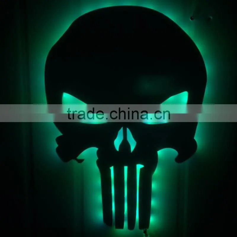 3D Punisher Mask Mirror Light, Halloween Decorative LED Colorful Remote Control Switch Lamp, Skull Decorative Wall Light Mirror