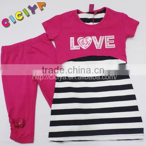 Fancy stripe design summer lady pajama set cotton Layered top and legging pajamas for ladies