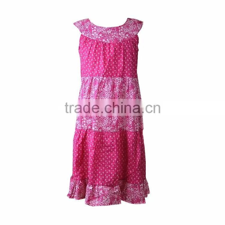 2017 summer girl clothing 100% cotton printed finshtail dress in fuschia color