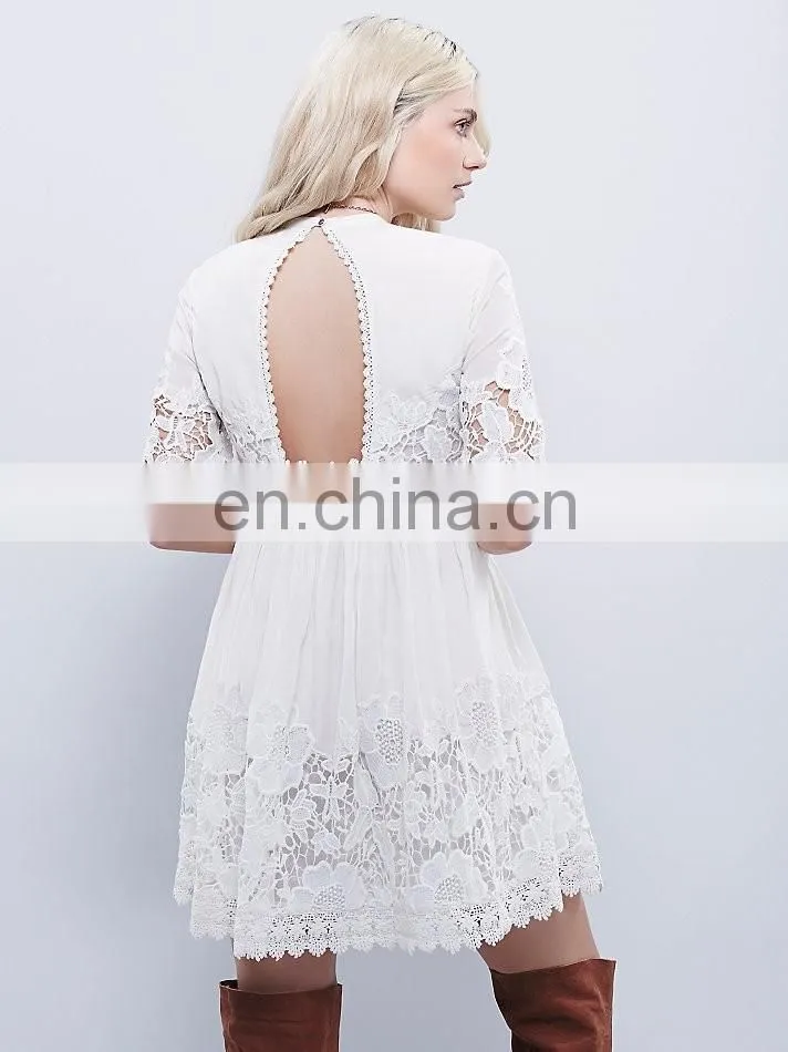 High quality short sleeve back open lace dress, tee lace dress