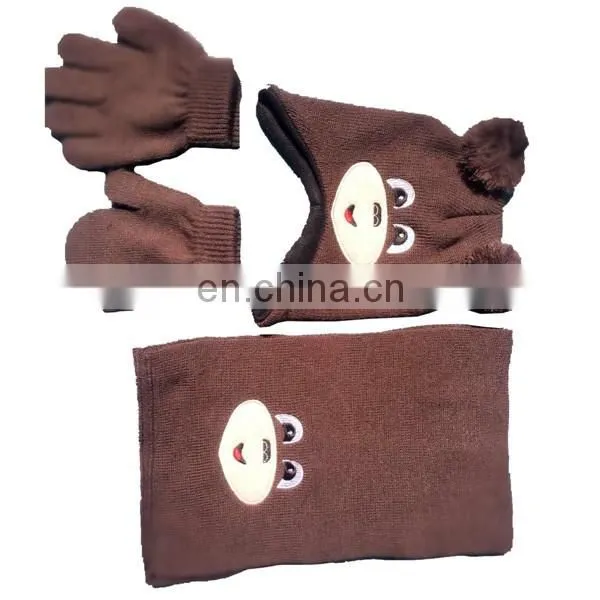 Newest wholesale cute winter kid's knitted hat scarf glove set with animal ear