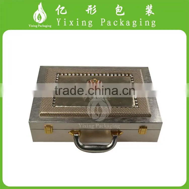 Luxury leather box with metal handle/ PU cosmetic and perfume packaging box