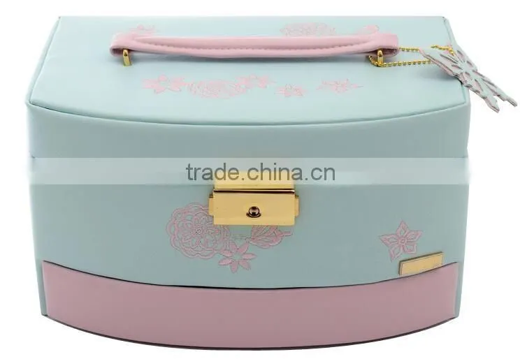 high quality leather mirror jewelry box ,blue mix pink designer jewelry travel carry box, leather hard shell jewelry storage box