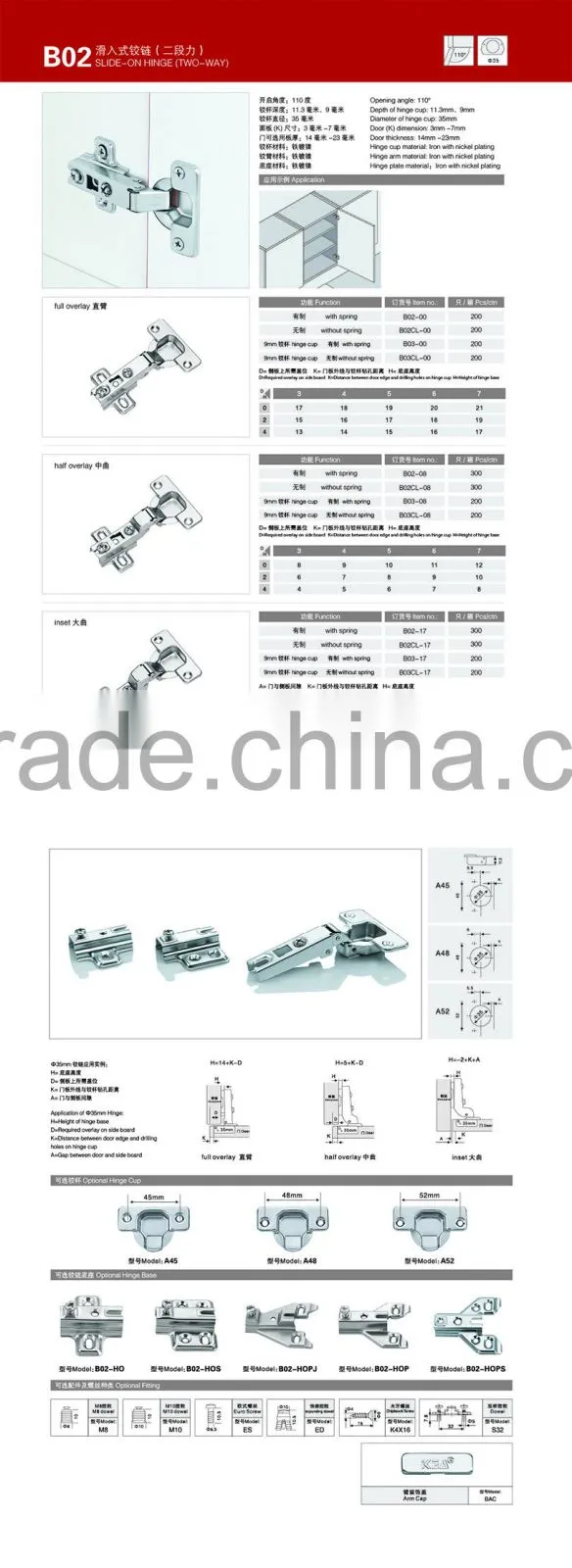 KH-B02 hinges for cabinets, cabinet furniture hinge with low price