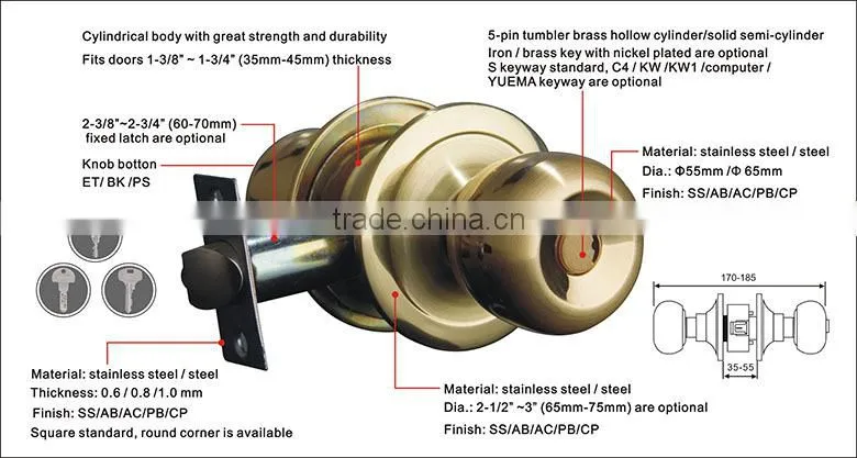 5832-PB SB-ET new design Stainless steel material Cylindrical door knob lock