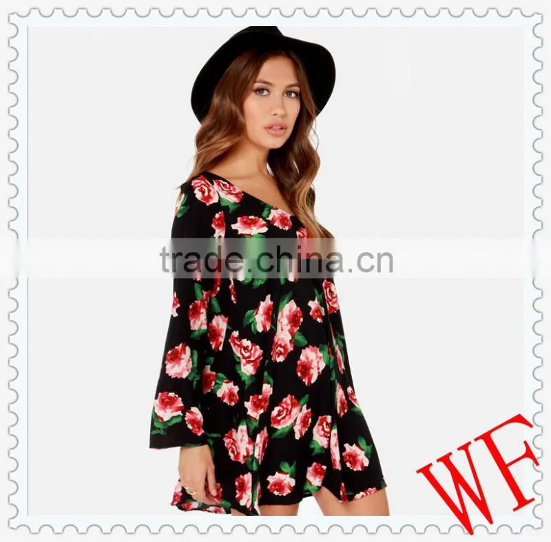 Wholesale 2014 women clothing Casual Rose long sleeves loose chiffon dress
