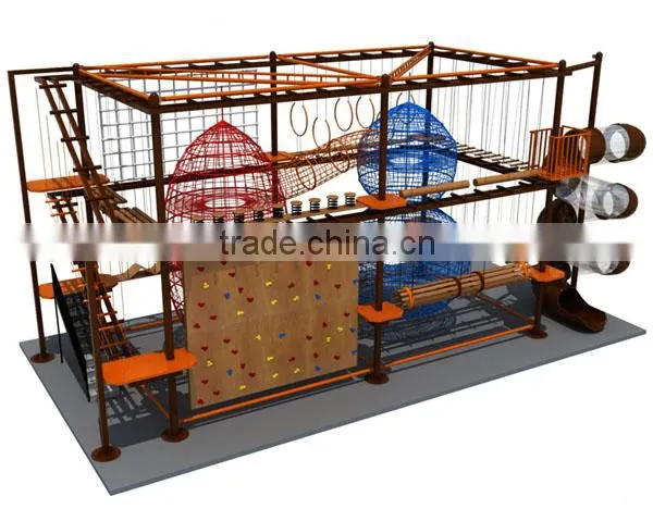 Kids indoor high adventure play equipment indoor obstcle rope coures with climbing wall