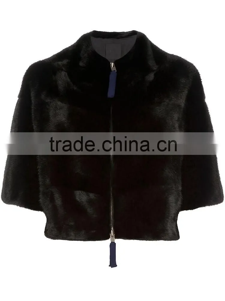SHANGYI black 3/4 sleeve zipper cropped fur coat for woman