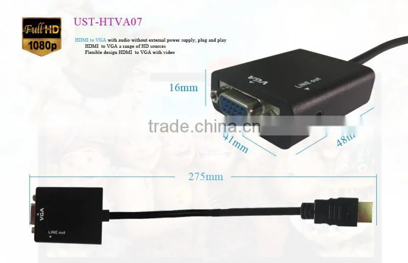 BLACK,Free Shipping active H to VGA converter adapter cable with Audio