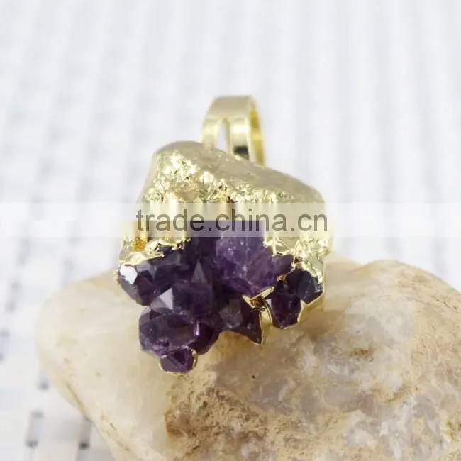 Druzy quartz amethyst gold plated ring
