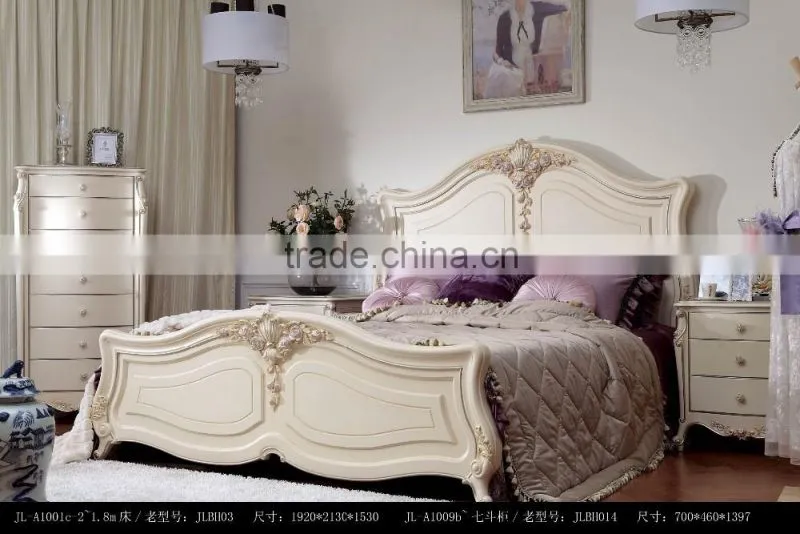 New Classical Luxury Rococo European French Wooden Bedroom Furniture Set Bed Bedside table Wardrobe Dressing table Bench
