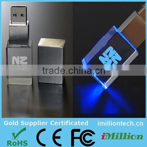 cheap bulk gifts transparent 3d logo crystal usb pen drive with led light