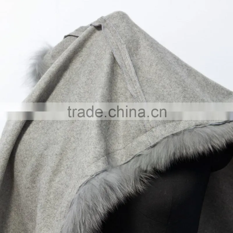 wholesale fashion cashmere cape with fox fur trim 201601