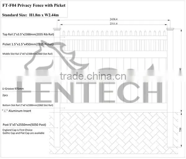 Fentech White Picket Top Vinyl Privacy PVC Fence with cheap Fence Panels