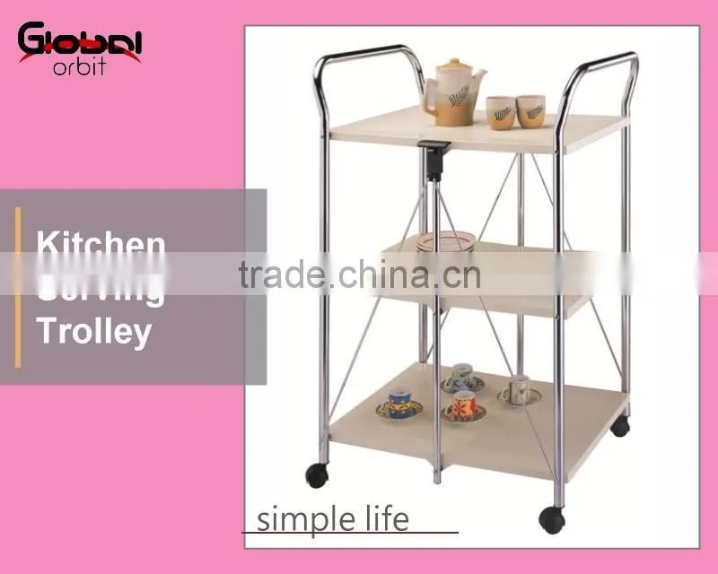 Kitchen Stainless Steel Serving Cart Food Wooden 3 Tier Shelf Rolling Wheels